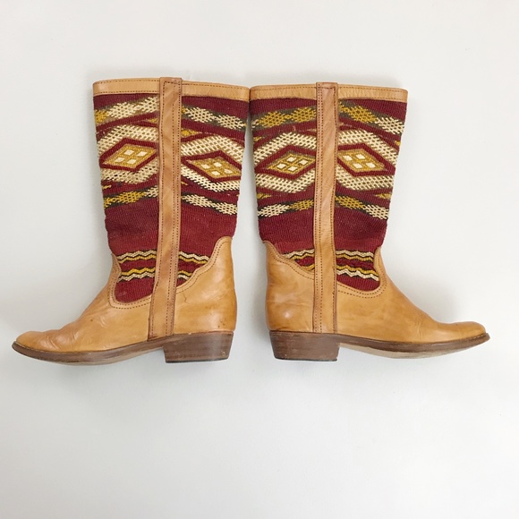 VINTAGE Moroccan Kilim Woven Wool Leather Boots SZ 37 Boho Gypsy Handmade - Picture 13 of 15